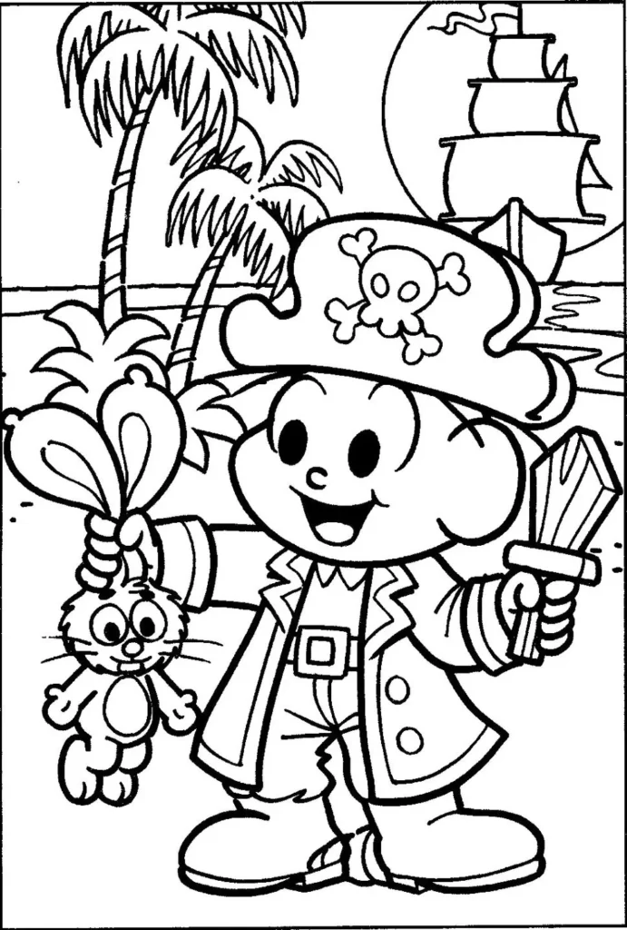 Desenhos do Cebolinha para pintar Pirata Cebolinha Pirata com Sansão: Desenho para colorir com tema de aventura.