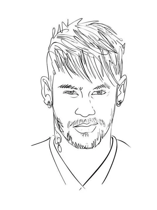 Desenho do rosto do Neymar para colorir: arte com traços do jogador, cabelo estilizado, barba e brincos.