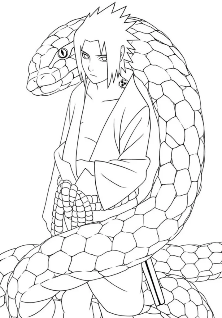Desenhos do Sasuke para pintar Cobra Sasuke e serpente gigante para colorir. Arte de fã de Naruto.