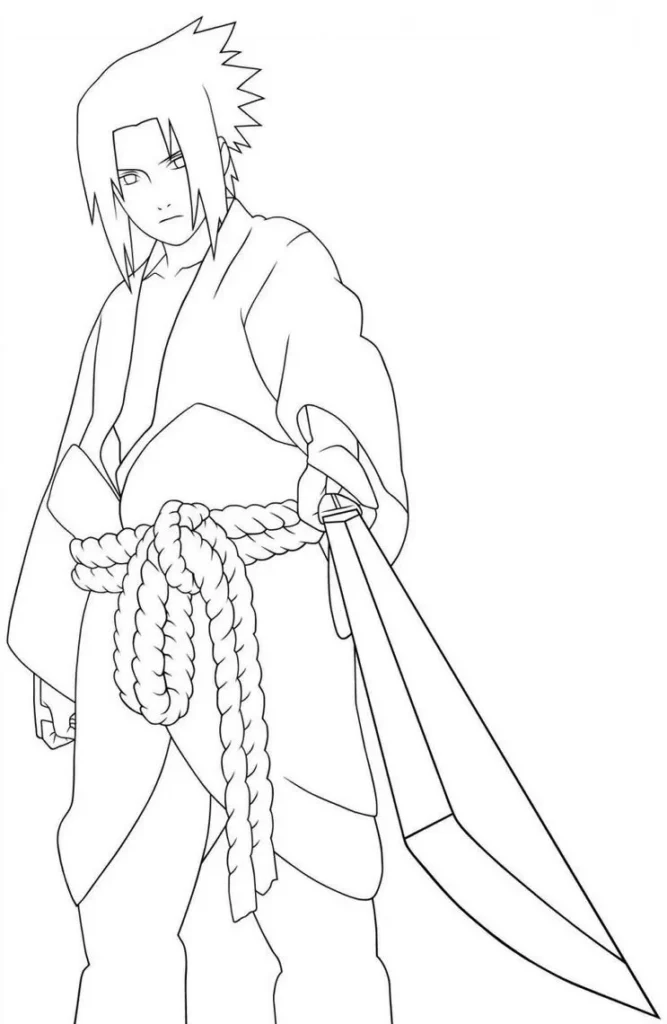 Desenhos do Sasuke para pintar Com a Espada Sasuke Uchiha com espada para colorir. Desenho do personagem de Naruto pronto para pintura.