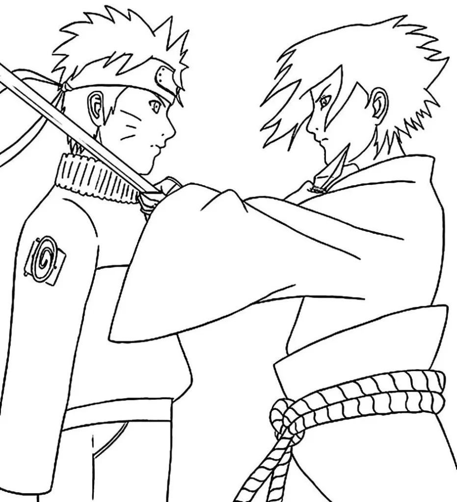 Desenhos do Sasuke para pintar Encarando Sasuke e oponente em confronto: arte para colorir do anime Naruto