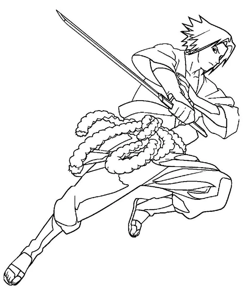 Desenhos do Sasuke para pintar Lutando Sasuke em combate: Desenho para colorir com o ninja empunhando espada.