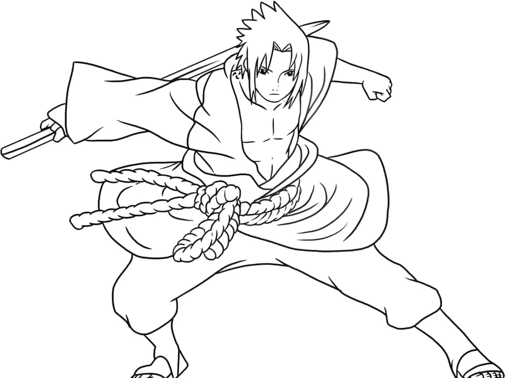 Desenhos do Sasuke para pintar Pronto para Atacar Sasuke em posição de ataque: desenho para colorir do personagem de Naruto pronto para o combate.