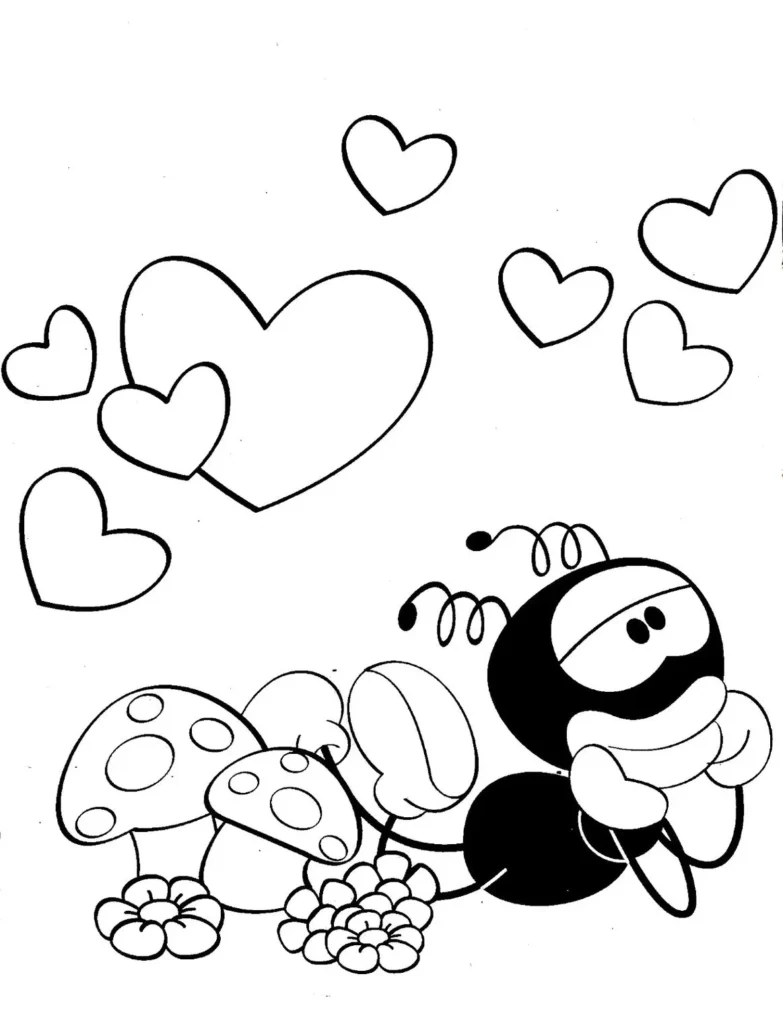 Smilinguido Apaixonada para colorir: Desenho com corações e cogumelos.