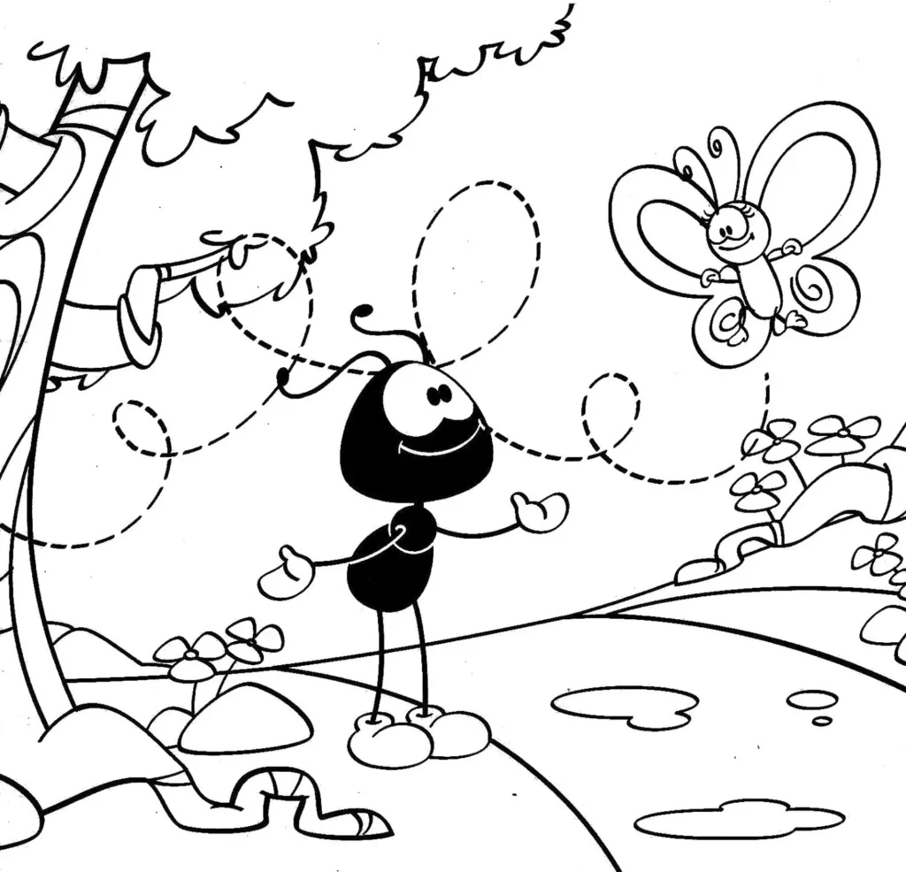 Smilinguido e borboleta em alegre diálogo para colorir. Desenho campestre com árvore, caminho e flores.