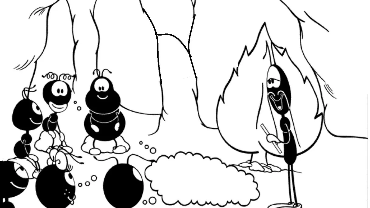 Desenhos do Smilinguido para colorir Ensinando Smilinguido e amigos: Cena para colorir com formigas ensinando em ambiente natural.
