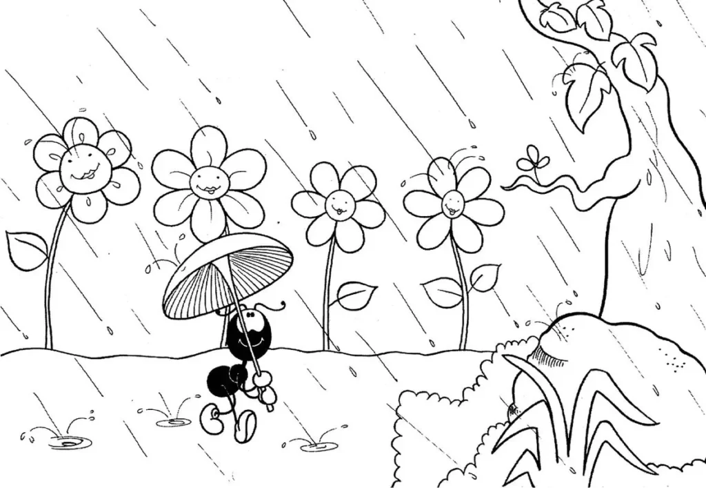 Smilinguido sob a chuva: desenho para colorir com formiga e guarda-chuva de cogumelo.