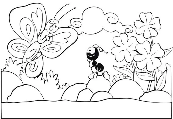 Smilinguido na floresta: desenho para colorir com formiga, flores, borboleta e nuvem.