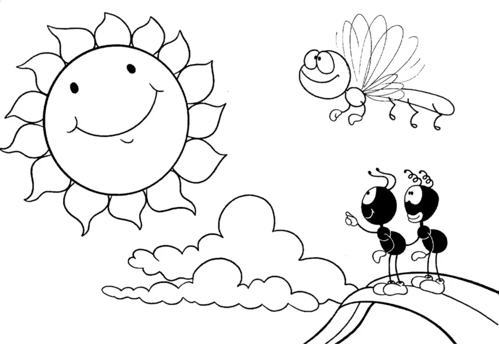 Smilinguido e o sol: desenho para colorir com formigas e inseto voador.