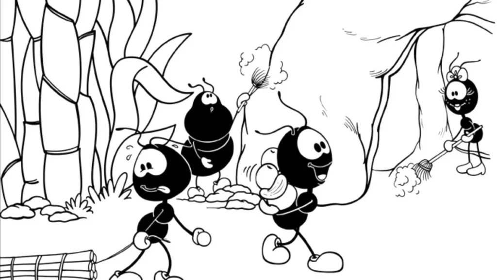 Formigas Smilinguido em atividades de trabalho para colorir. Cena animada com formigas carregando objetos, limpando e supervisionando, em um formigueiro com vegetação.