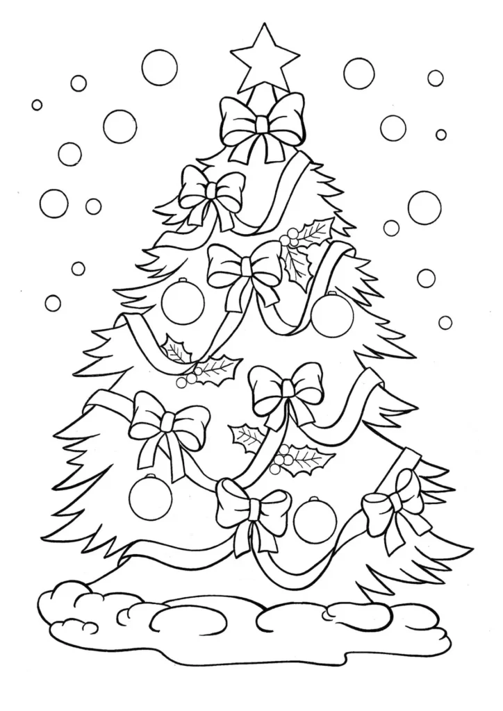 Árvore de Natal com laços para colorir: Desenho festivo com enfeites e neve.