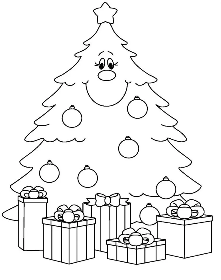 Árvore de Natal com estrela e presentes para colorir