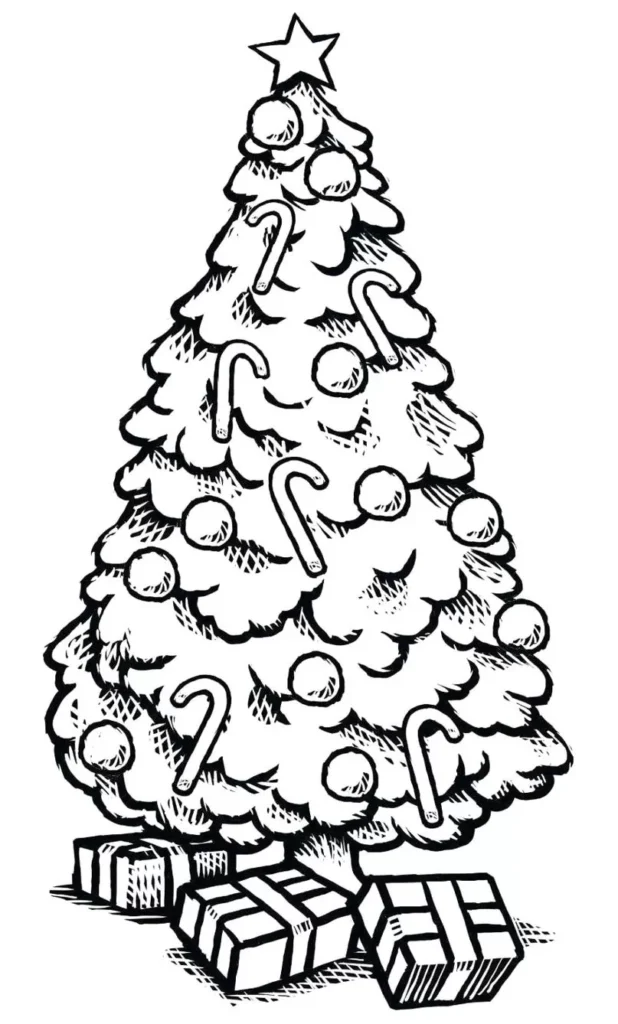 Árvore de Natal com bolas e bengalas doces para colorir. Presentes embrulhados na base.