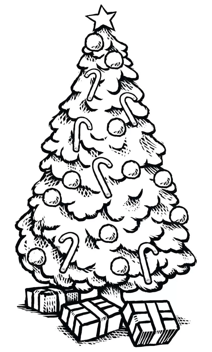 Árvore de Natal com bolas e bengalas doces para colorir. Presentes embrulhados na base.