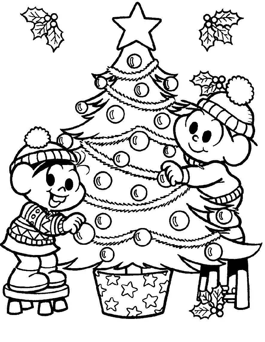 Cena natalina para colorir: Família decorando árvore com enfeites e azevinho.