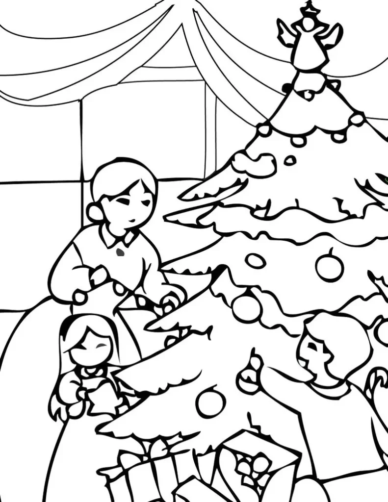 Família decorando árvore de Natal para colorir. Mãe e filhos reunidos em cena natalina com enfeites, presentes e estrela.