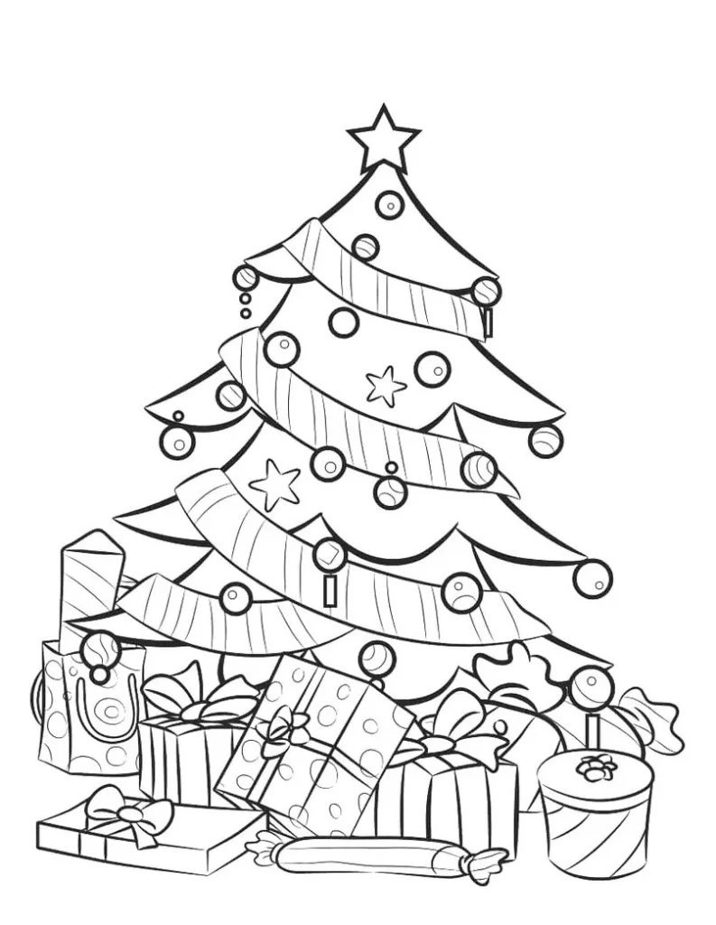 Árvore de Natal decorada com presentes: desenho para colorir