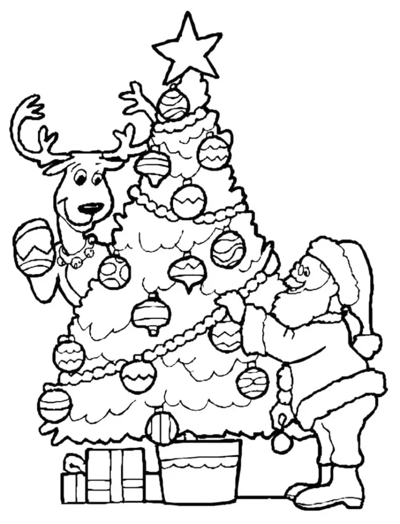 Papai Noel decorando árvore de Natal com rena e presentes para colorir.