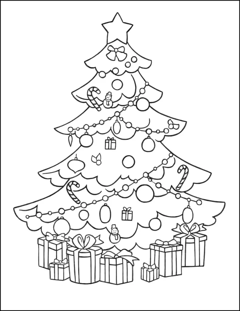 Árvore de Natal com presentes para colorir: desenho festivo com enfeites e pacotes coloridos