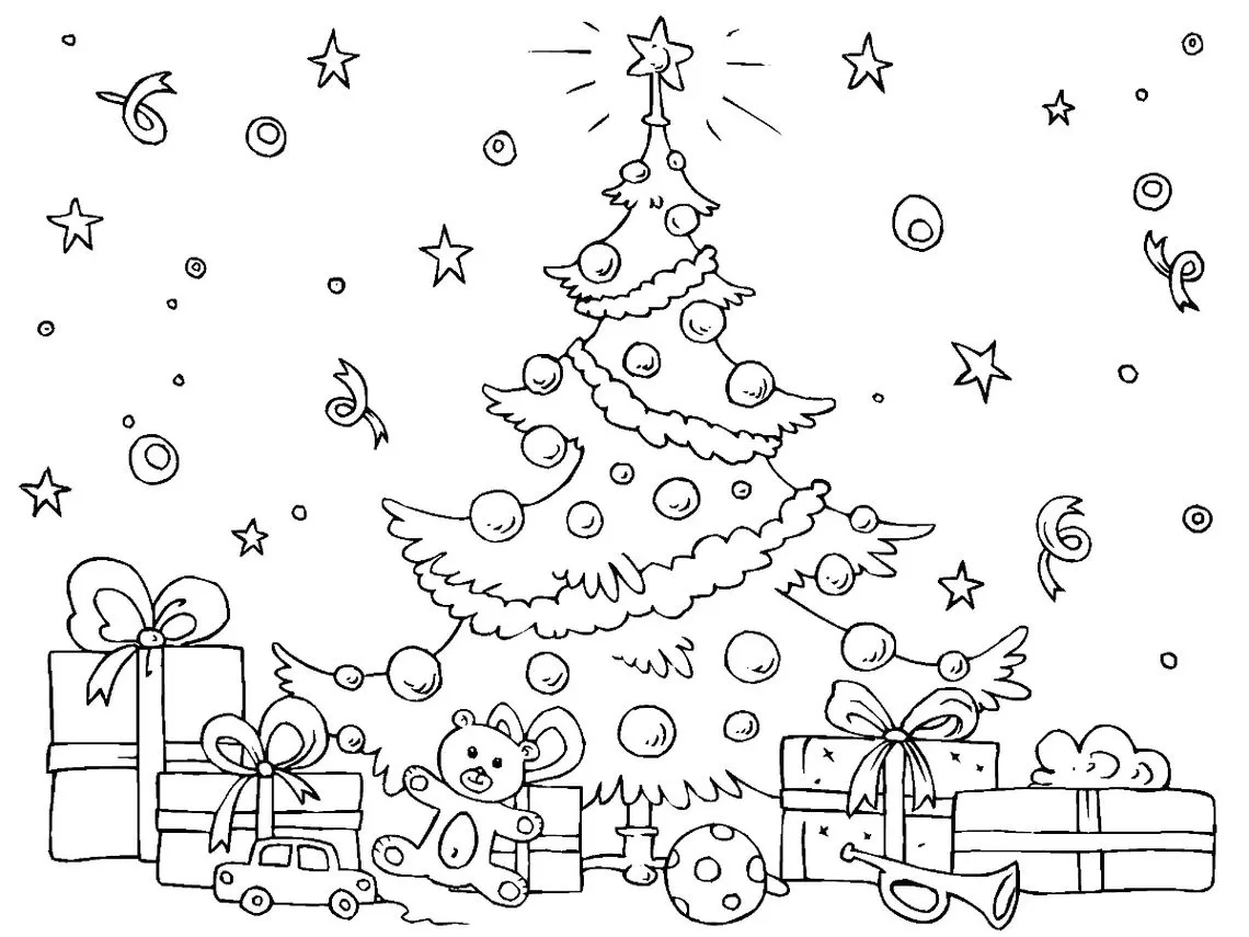 Desenho de árvore de Natal enfeitada para colorir, com presentes, brinquedos e decoração festiva.