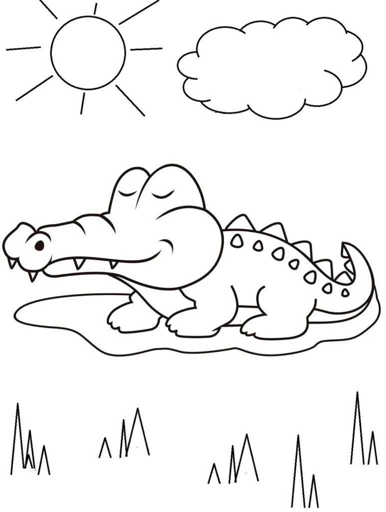 Desenhos de Jacarés para colorir Dormindo Jacaré sorrindo em desenho para colorir, sol e nuvens ao fundo.