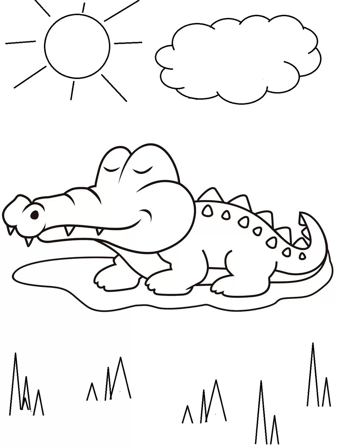 Desenhos de Jacarés para colorir Dormindo Jacaré sorrindo em desenho para colorir, sol e nuvens ao fundo.
