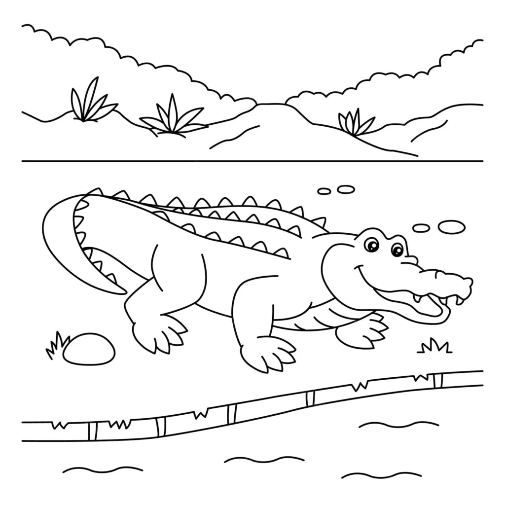 Desenhos de Jacarés para colorir Grandão Jacaré nadando em rio: desenho para colorir.