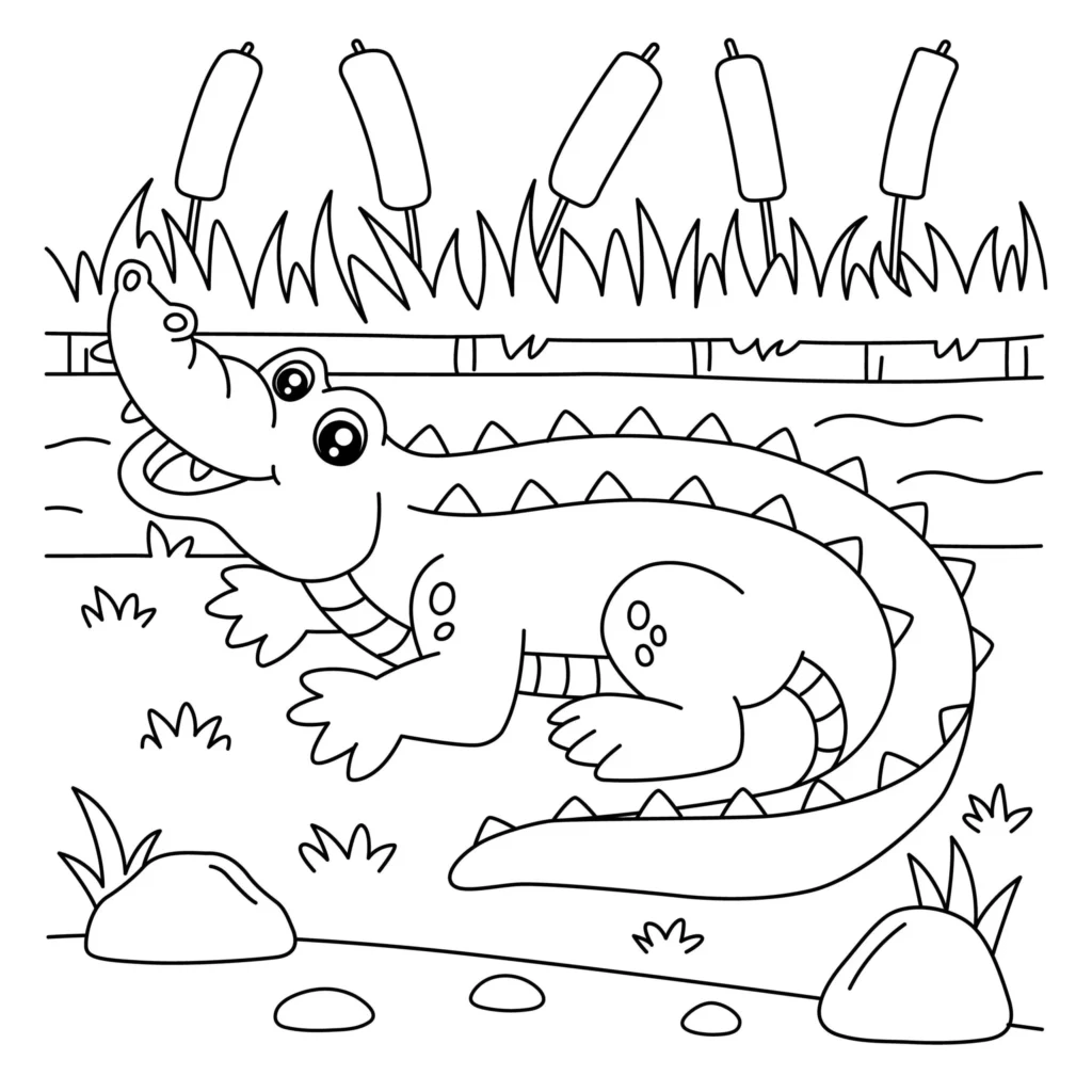 Desenhos de Jacarés para colorir No Mato Jacaré sorrindo em habitat natural para colorir. Fauna, água e vegetação rasteira compõem o cenário.