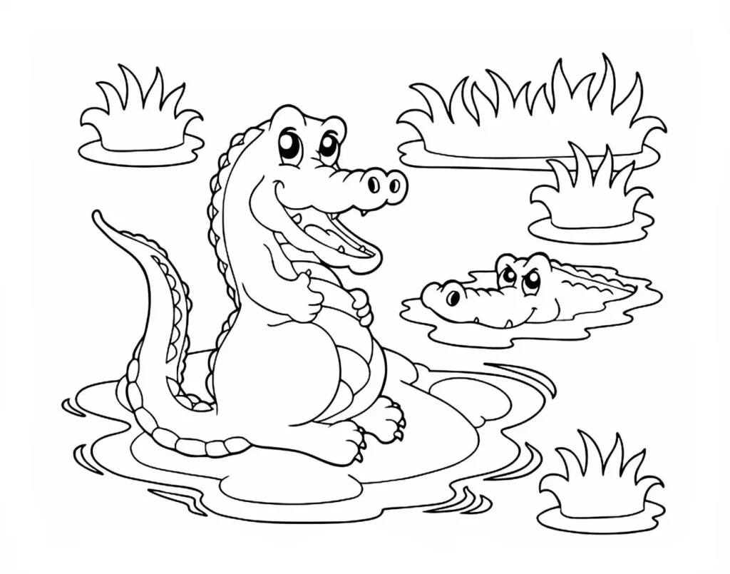Desenhos de Jacarés para colorir Relaxando Jacarés sorrindo em pântano para colorir. Atividade relaxante e divertida.