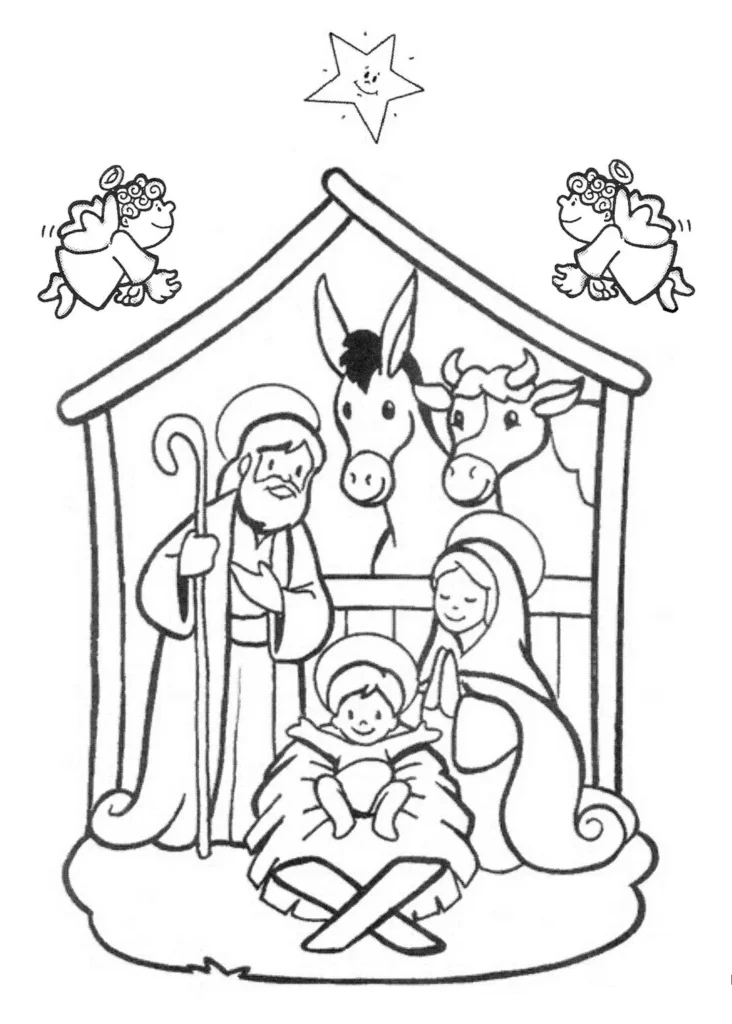 Desenhos do Natal Cristão para colorir Jesus Nasceu Desenho para colorir do Natal Cristão: Nascimento de Jesus com Maria, José e anjos