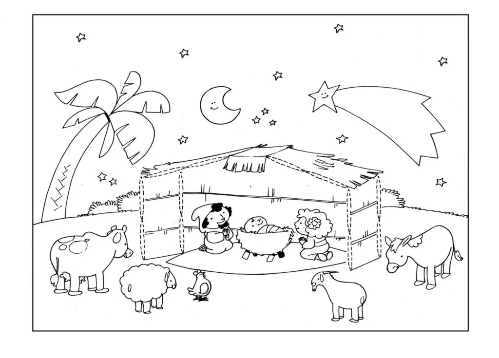 Desenhos do Natal Cristão para colorir Nascimento de Jesus Natal Cristão: Desenho para colorir do nascimento de Jesus na manjedoura com Maria, José e animais.