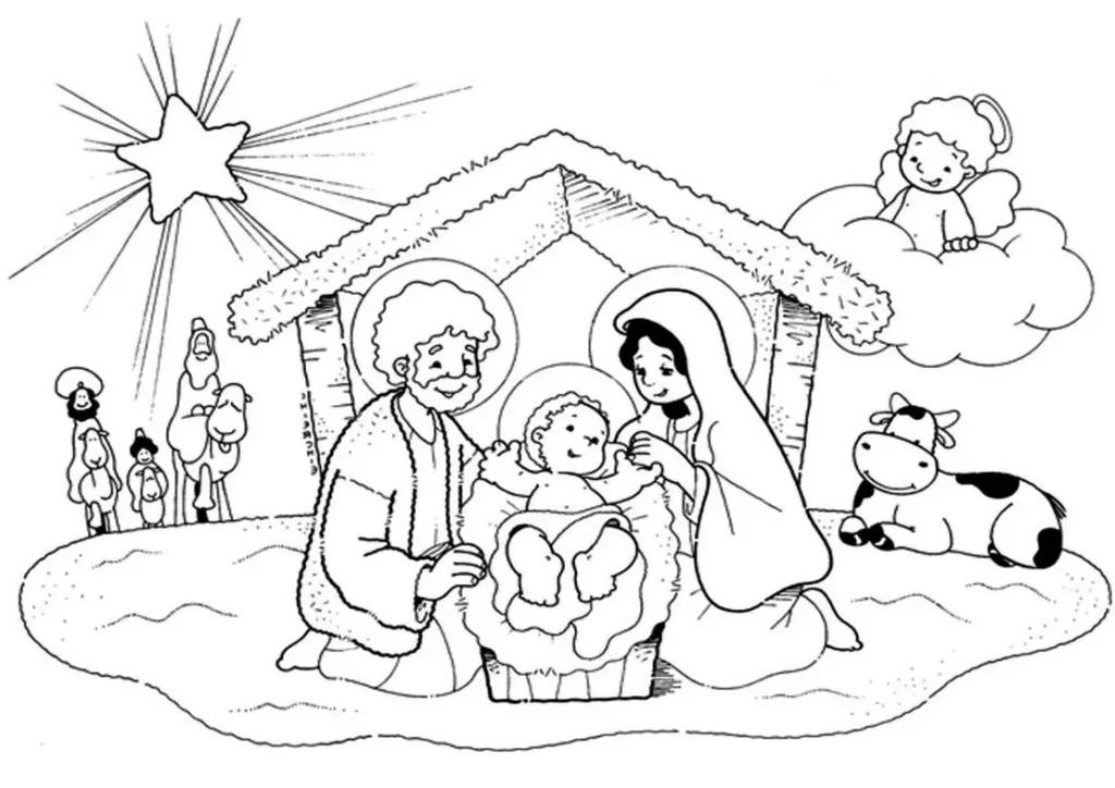 Desenhos do Natal Cristão para colorir Presépio Natalino Desenho do presépio de Natal para colorir: Maria, José e o menino Jesus na manjedoura, com a estrela de Belém guiando os Três Reis Magos.