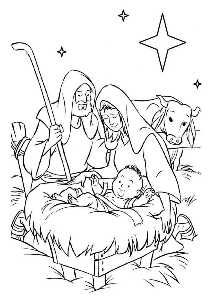 Desenhos do Natal Cristão para colorir Rei Jesus Desenho de Natal Cristão para colorir: Nascimento de Jesus, com Maria, José, manjedoura e vaca sob as estrelas.