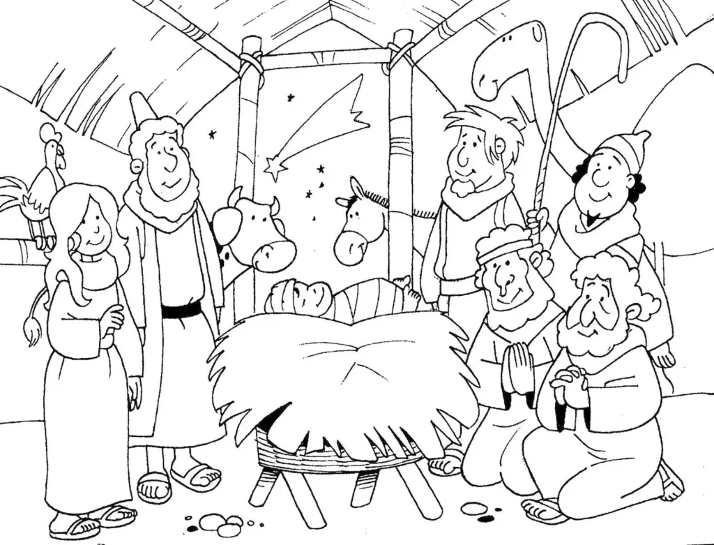 Desenhos do Natal Cristão para colorir Verdadeiro Natal Desenho para colorir da cena do nascimento de Jesus: Maria, José, o menino Jesus na manjedoura, pastores e animais.