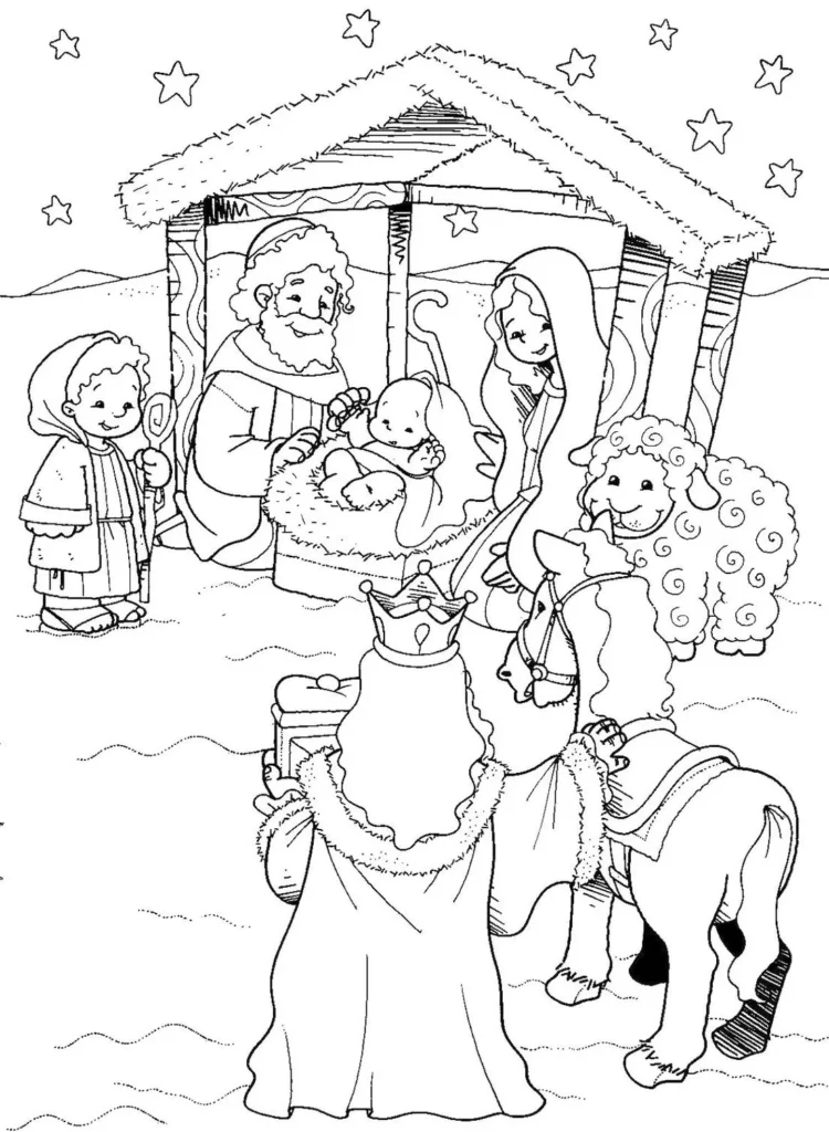 Desenhos do Natal Cristão para colorir Visita dos Reis Magos Desenho de Natal Cristão: A Adoração dos Reis Magos para colorir. Sagrada Família, pastor, cordeiro e um Rei Mago com presente.