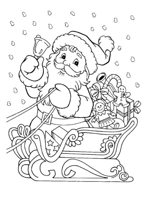 Desenhos do Papai Noel para colorir Indo Trabalhar Papai Noel no trenó cheio de presentes a caminho do trabalho, desenho para colorir.
