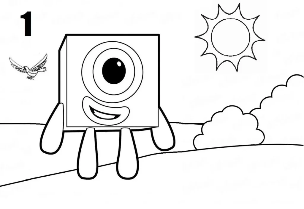 Numberblock 1 para colorir: bloco sorrindo com um olho, pássaro, sol e nuvem.