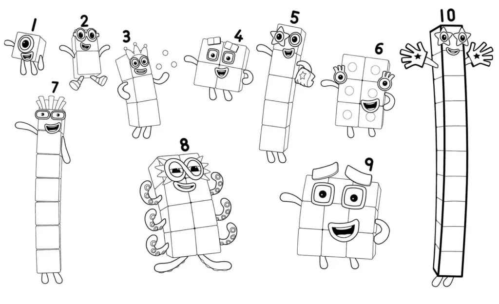 Numberblocks de 1 a 10 para colorir: Diversão numérica com design único.