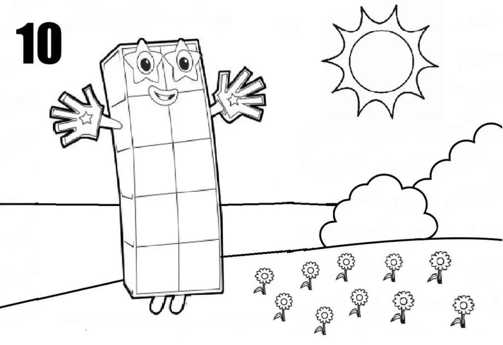 Numberblock 10 para colorir em cena campestre florida. Desenho do Numberblock 10 sorrindo com o número 10 no canto.
