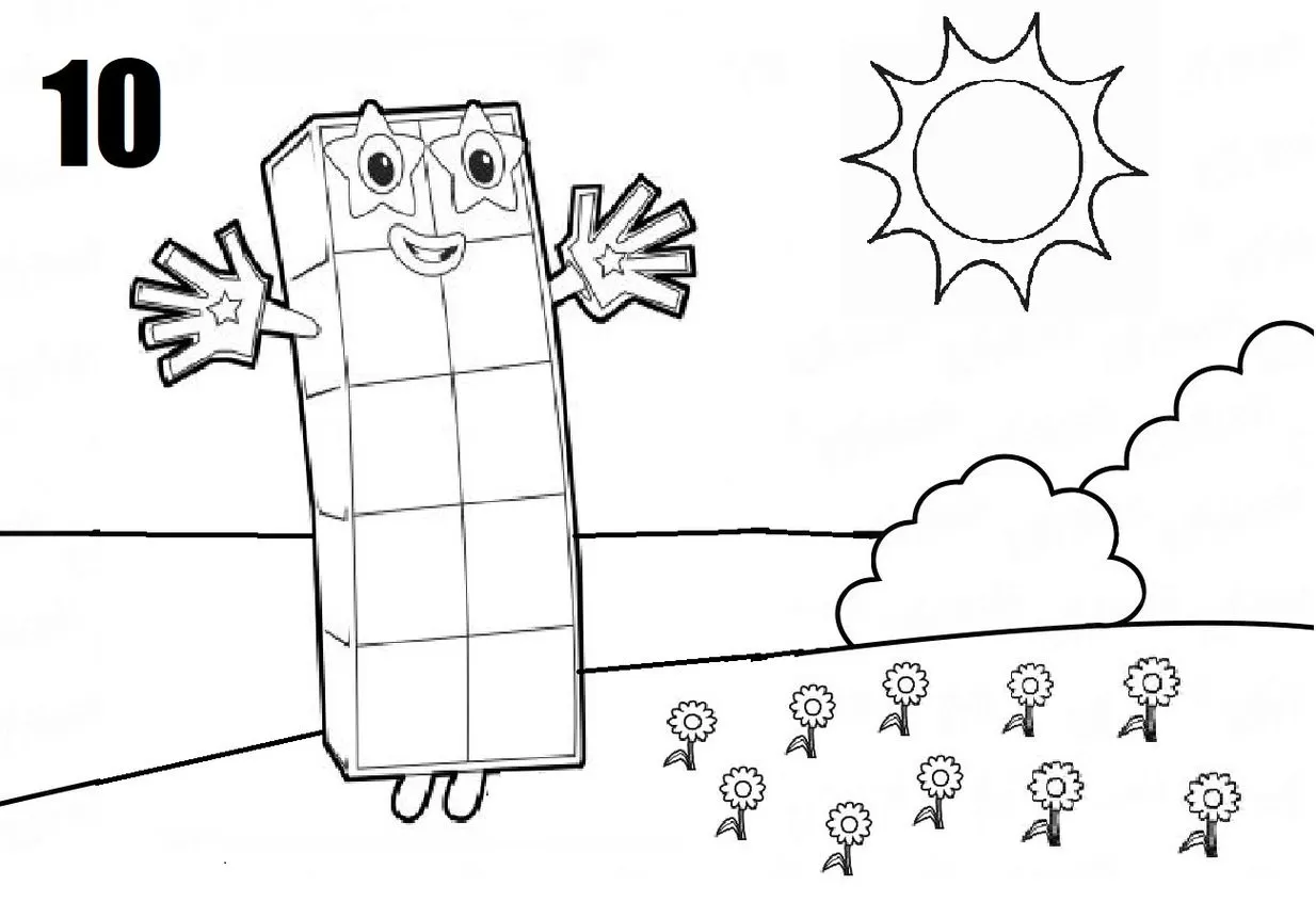 Numberblock 10 para colorir em cena campestre florida. Desenho do Numberblock 10 sorrindo com o número 10 no canto.