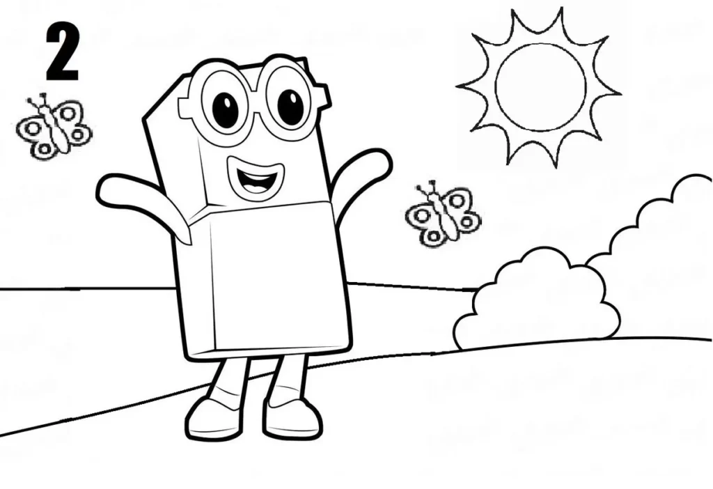 Numberblock 2 para colorir: desenho com sol, nuvens e borboletas.
