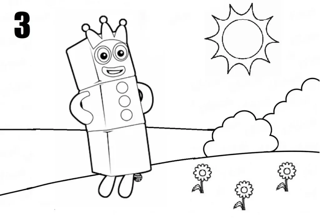 Numberblock 3 para colorir: Desenho divertido com coroa, flores e sol.