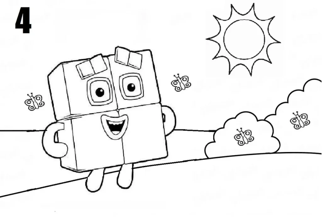 Numberblocks 4 para colorir: Desenho divertido com sol, borboletas e nuvens
