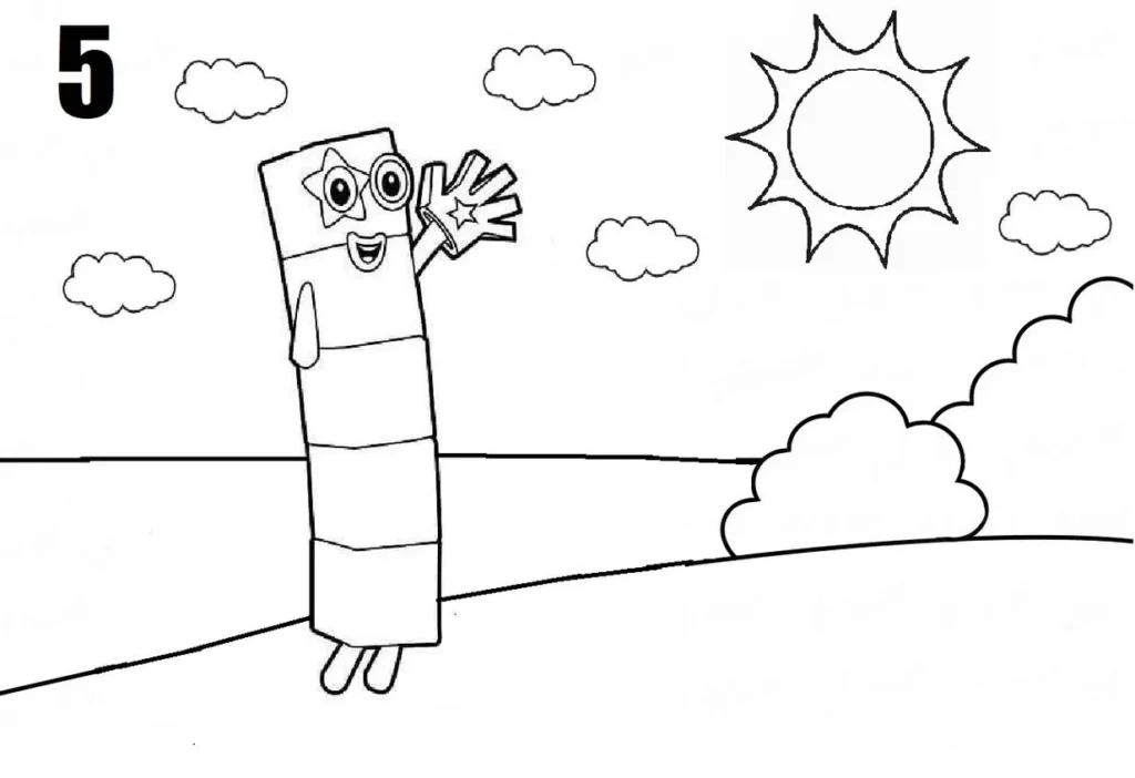Numberblock 5 para colorir em cena ensolarada com colina e nuvens.
