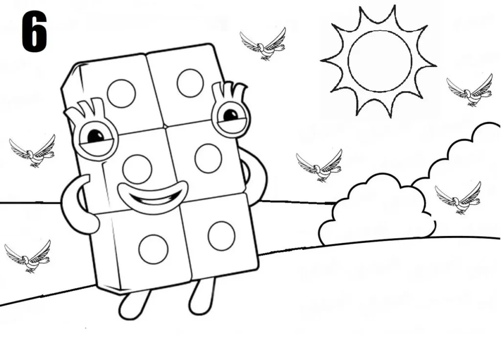 Numberblock 6 para colorir: atividade criativa com sol e pássaros