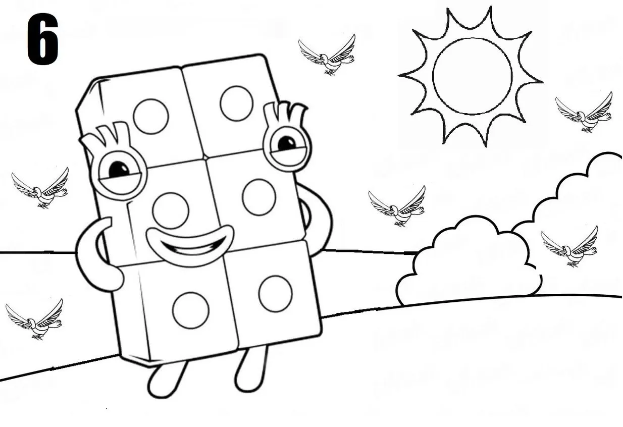 Numberblock 6 para colorir: atividade criativa com sol e pássaros