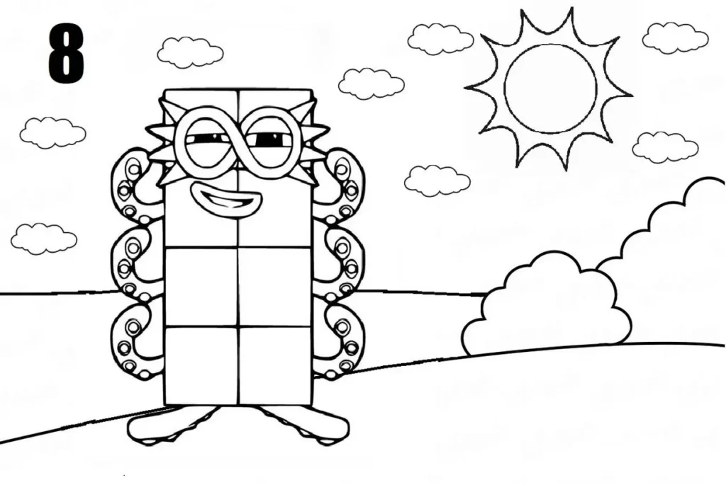 Numberblock 8 para colorir: Sol, óculos e muita diversão!