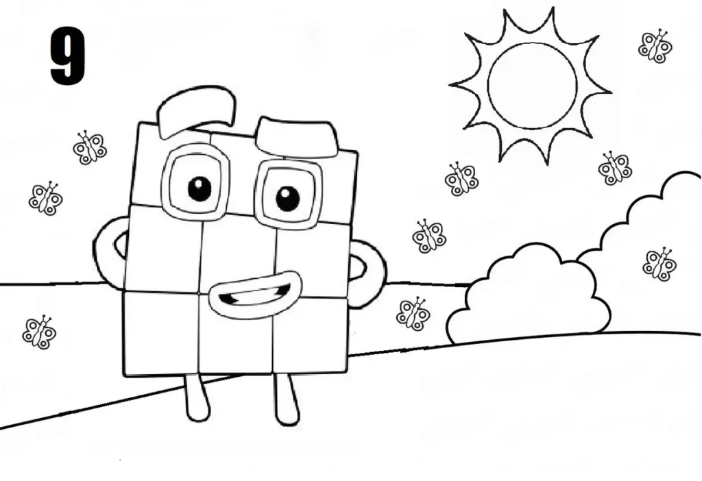 Numberblock 9 para colorir: Sol, borboletas e alegria!