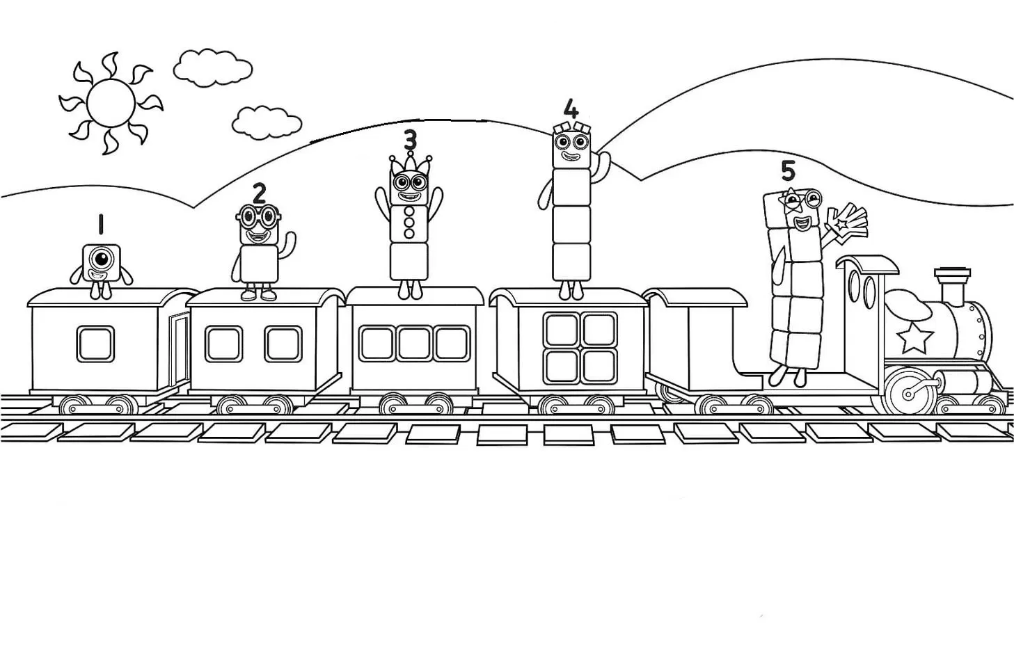 Trenzinho NumberBlocks com blocos numéricos de 1 a 5 para colorir. Atividade criativa com NumberBlock 5 na locomotiva.