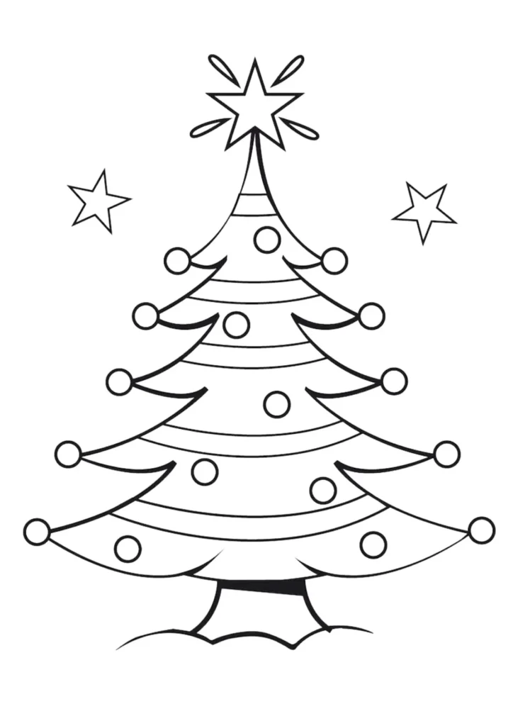 Árvore de Natal com enfeites e estrela para colorir. Atividade natalina divertida.